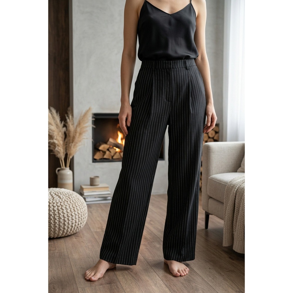 Jaded London Womens Black Pinstripe Wide Leg Pleated Trousers Size 34 Edgy Work